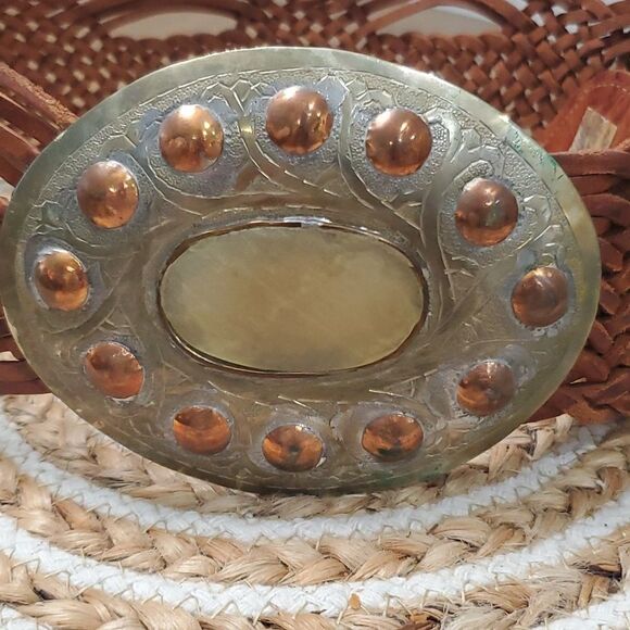 Handmade Vintage Brown Woven Leather Silver/Brass Studded Stone Belt Buckle, Lar - Picture 2 of 7